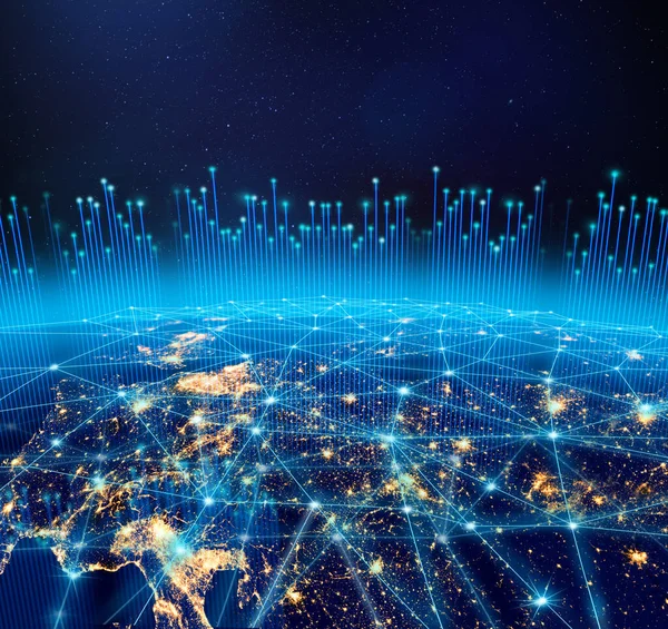 Planet Earth City Lights Worldwide Digital Network Infrastructure Some Elements — Stock Photo, Image