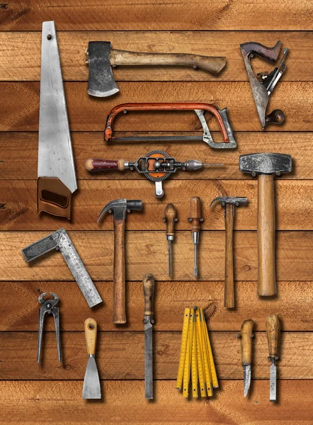 Old carpenter hand tools on wood — Stock Photo, Image