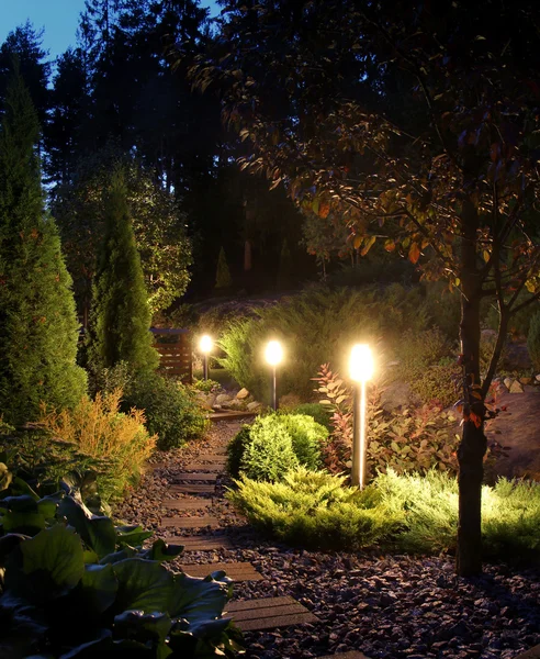 Illuminated garden path patio — Stock Fotó