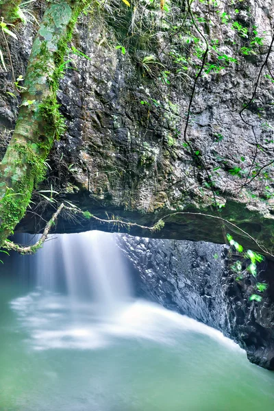 Small waterfall under a huge rock with moss a — Stock Photo, Image
