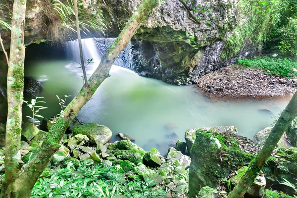 Small waterfall in a stone cave with moss rocks — Stock Photo, Image