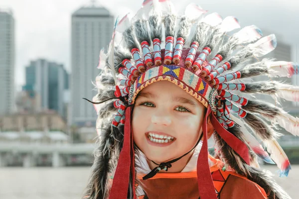 Smiling kid in barbarian hat — Stock Photo, Image