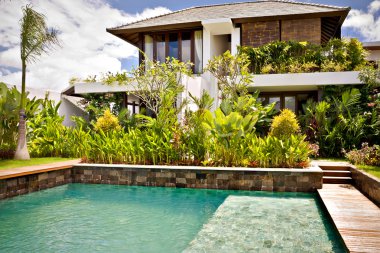 Modern Yüzme Havuzu closeup alanı kapsayacak bitkiler ile 