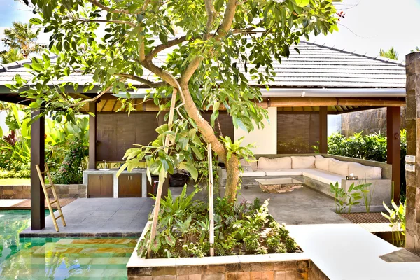 Árbol junto a una piscina junto al patio — Foto de Stock