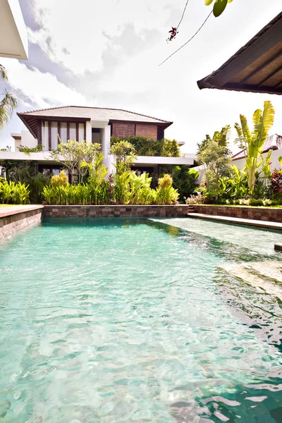 Natural pond surrounded with a garden and houses — Stock Photo, Image