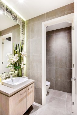 Süslü dekorasyon öğeleri yanında ayna ile modern tuvalet 