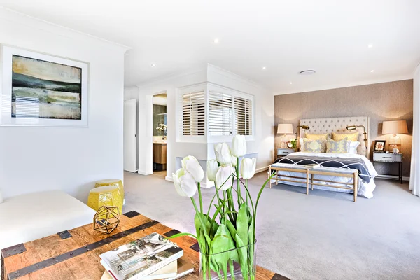 Modern living room and bedroom with a hallway