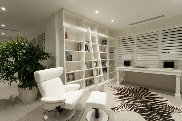 Witte Bureau met boekenkast en zebra huid — Stockfoto