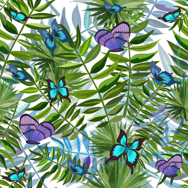 Fondo sin costuras con mariposas tropicales — Vector de stock