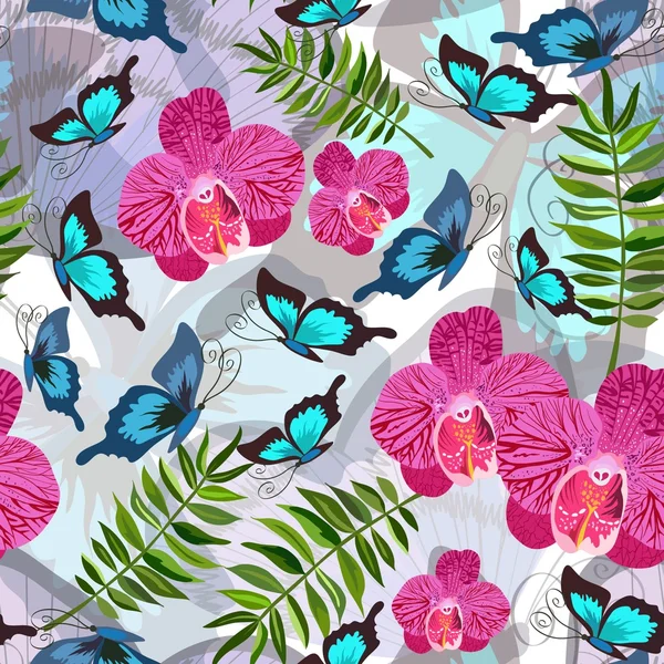 Seamless background with tropical butterflies — Stock Vector