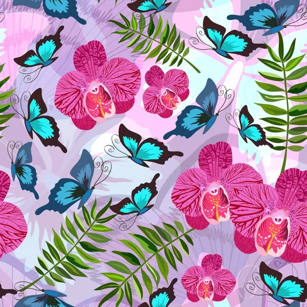 Seamless background with tropical butterflies — Stock Vector