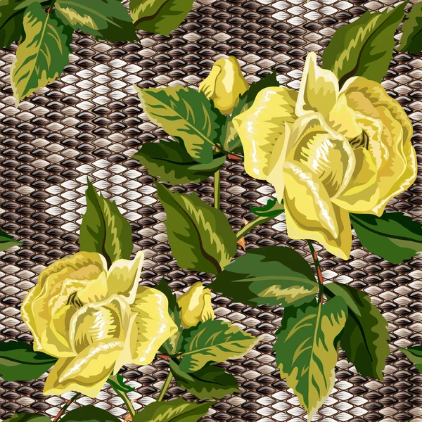 Fond sans couture avec peau de serpent et fleurs de roses — Image vectorielle
