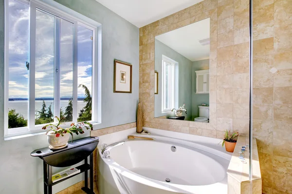 Oval tub with large mirror in luxury bathroom. — Stock Photo, Image