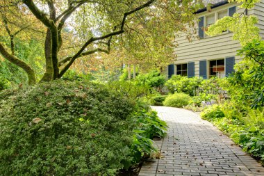 Küçük Amerikan ev ışık dış ve büyük bir çim çim dolu