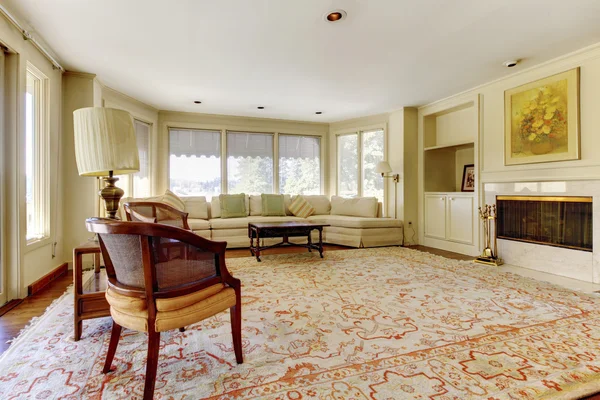 Excelente salón con alfombra decorativa, muebles y una chimenea —  Fotos de Stock