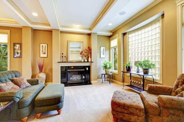 Beautiful living room with large window,  fireplace and trimmed ceiling. — Stock Photo, Image