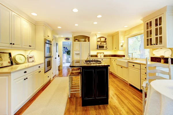 Krémová barevná kuchyně s velkým bílým dřezem a klasickým designem. — Stock fotografie