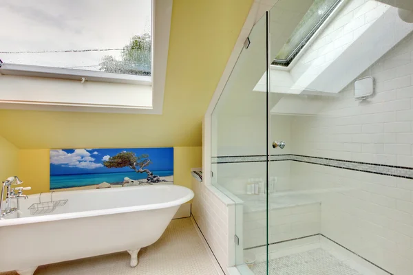 Intérieur lumineux salle de bain à l'étage avec douche et baignoire . — Photo