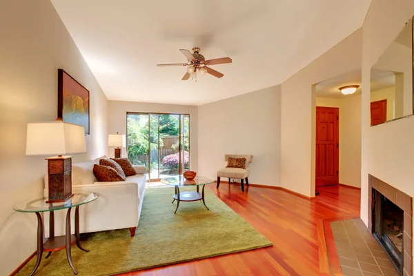 Béžové obývací pokoj s zelené koberce, dřevěné podlahy a krb. — Stock fotografie