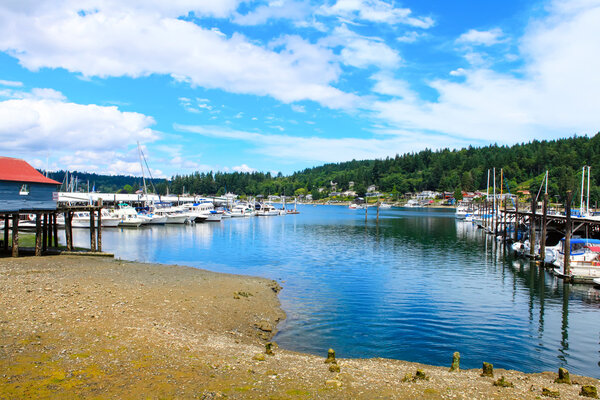 Gig Harbor, WA - September 25, 2011: Small town downtown marina area.