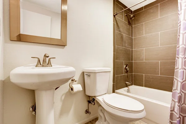 Modern kitchen room with tile wall shower, toilet and washbasin stand. — Stock Photo, Image