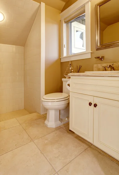 Diseño interior de baño ligero con gabinete viejo blanco, inodoro y ducha . — Foto de Stock