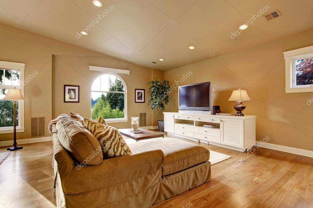 Cozy Living Room Interior In Beige Tones With Vaulted