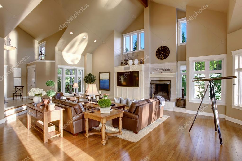 Large Living Room Interior Design With High Vaulted Ceiling