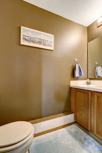 Wnętrze domu łazienki z drewnianą szafką, WC i brązową ścianę — Zdjęcie stockowe