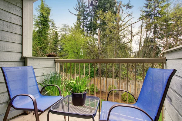 Petit patio avec cour arrière meublée à l'arrière-plan et verdure . — Photo