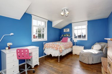 Adorable blue kids room with hardwood floor and vaulted ceiling. clipart