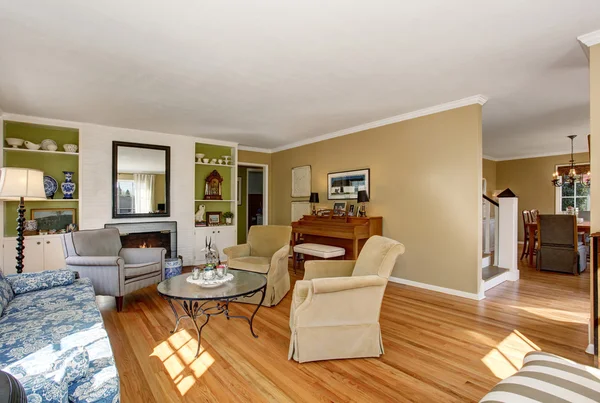 Klasik kanepe seti ve parke zemin ile Amerikan oturma odası iç. 