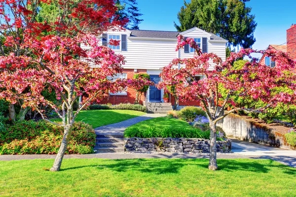 Hermoso atractivo acera de la casa de ladrillo con césped bien cuidado y árboles rojos en el jardín delantero . —  Fotos de Stock