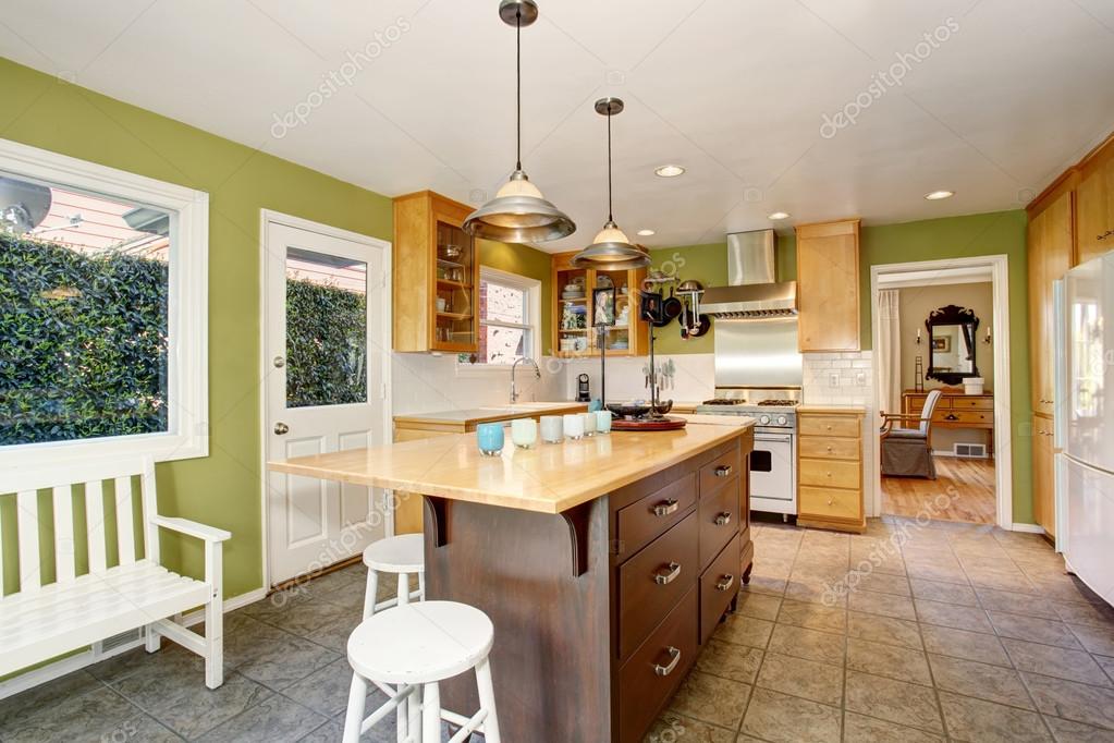 Small Kitchen Room Interior With Green Walls And Tile Floor