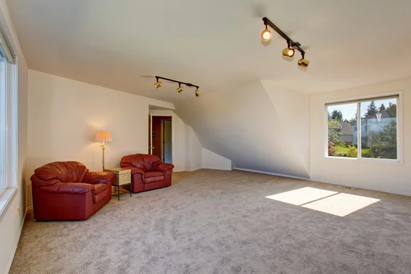 Světlá prostorná obývací plocha nahoře s klenutým stropem. — Stock fotografie
