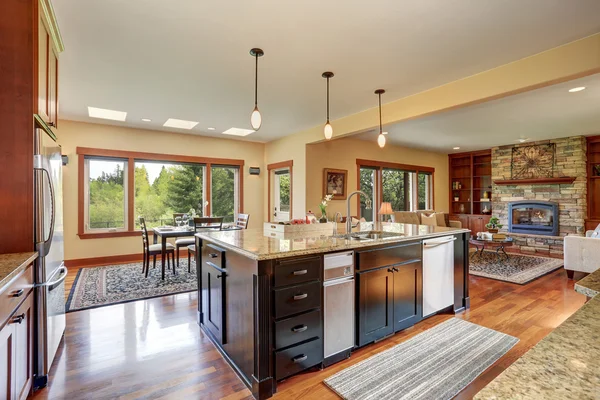 Área de cocina con planta abierta, vista al salón y comedor — Foto de Stock