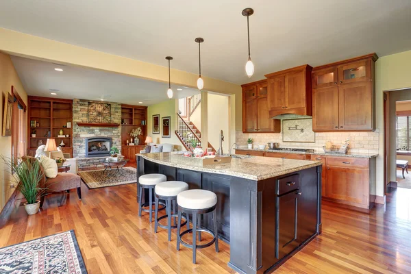 Pequeña zona de cocina con planta abierta, vista al salón — Foto de Stock