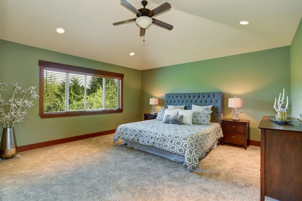 Quarto acolhedor com cama azul, botões de cabeceira e paredes verdes — Fotografia de Stock