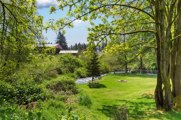 Montanha vista rio em gramado quintal de rambler americano — Fotografia de Stock