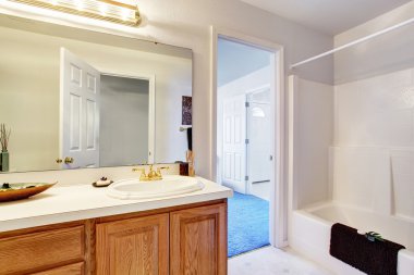 Banyo iç kahverengi dolapları ile beyaz tonlarında