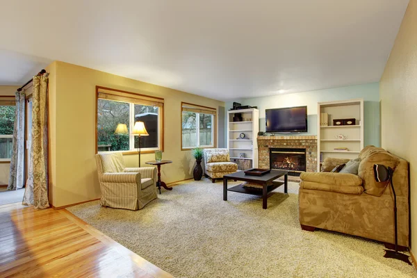 Светло-бежевая гостиная с диваном, креслом — стоковое фото