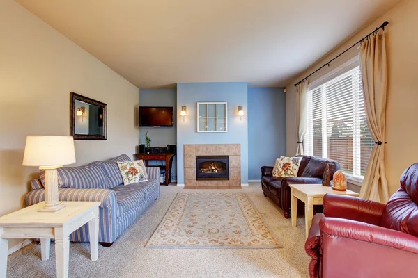 カーペットの床と暖炉のある居心地の良いリビング ルーム — ストック写真