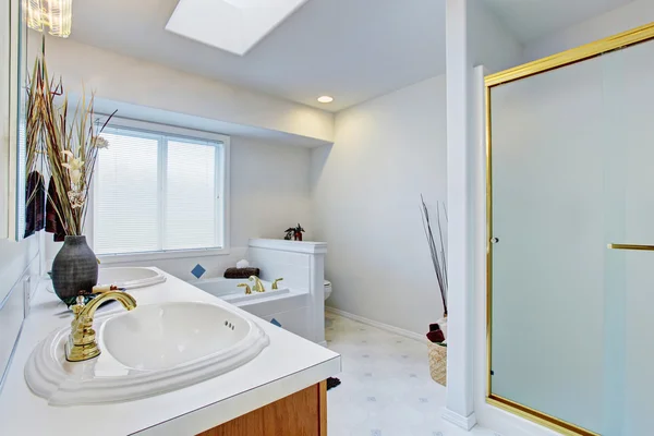 Bathroom interior in white tones with brown cabinets — Stock Photo, Image