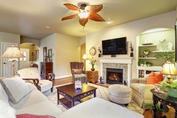 Cozy living room with fireplace and rug — Stock Photo, Image