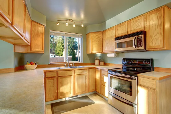 Classic American kitchen room interior with wooden cabinets — Stock Photo, Image