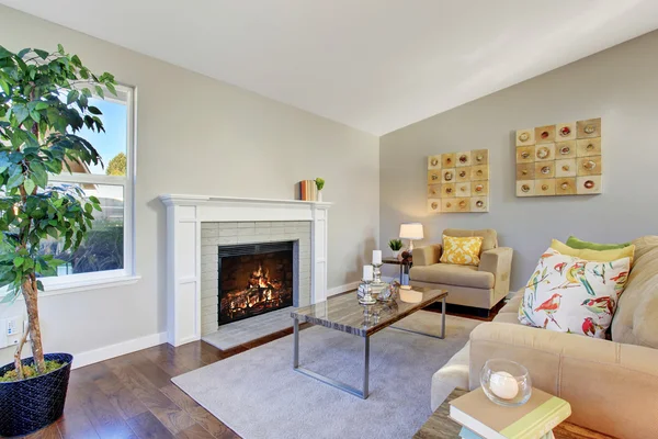 舒适的客厅壁炉与硬木地板 — 图库照片