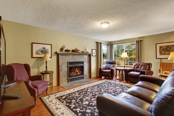 Interiér obývací pokoj s krbem, dřevěnou podlahu, koberec — Stock fotografie