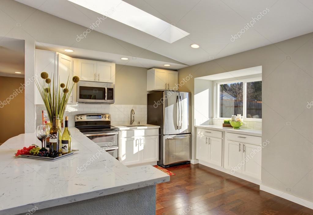 Kitchen Room Interior With White Cabinets Hardwood Floor Stock