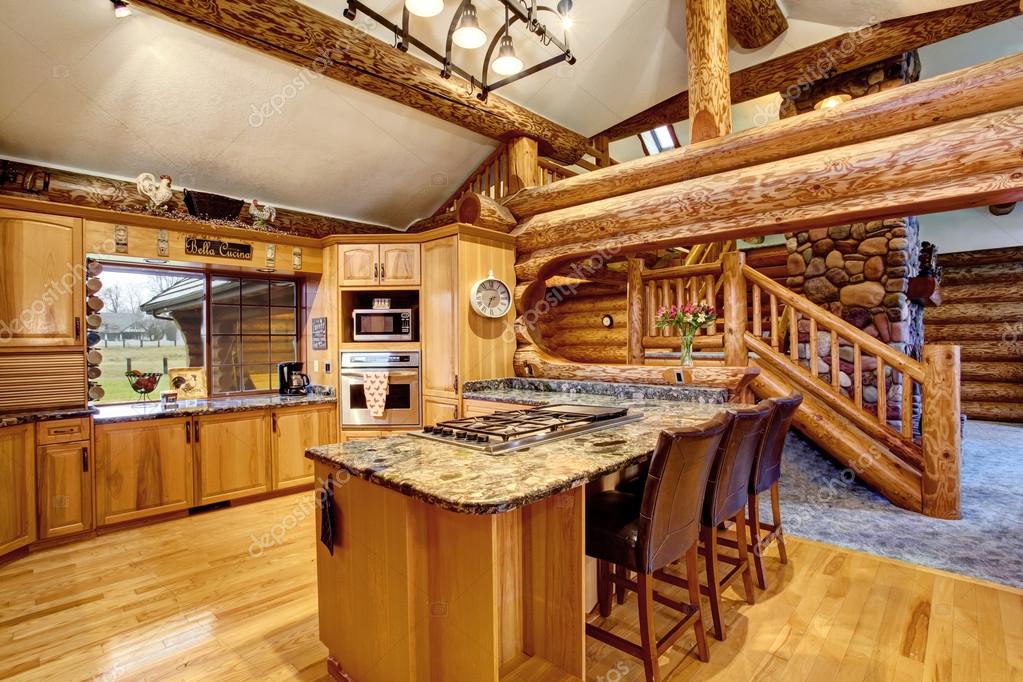 Log Cabin Kitchen Interior Design With Honey Color Cabinets Stock Photo By Iriana88w 117963490 Log Cabin Kitchen Interior Design With, Log House Kitchen Cabinets