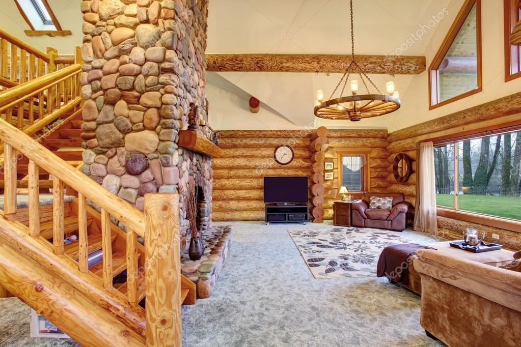 Bright Living Room Interior In American Log Cabin House